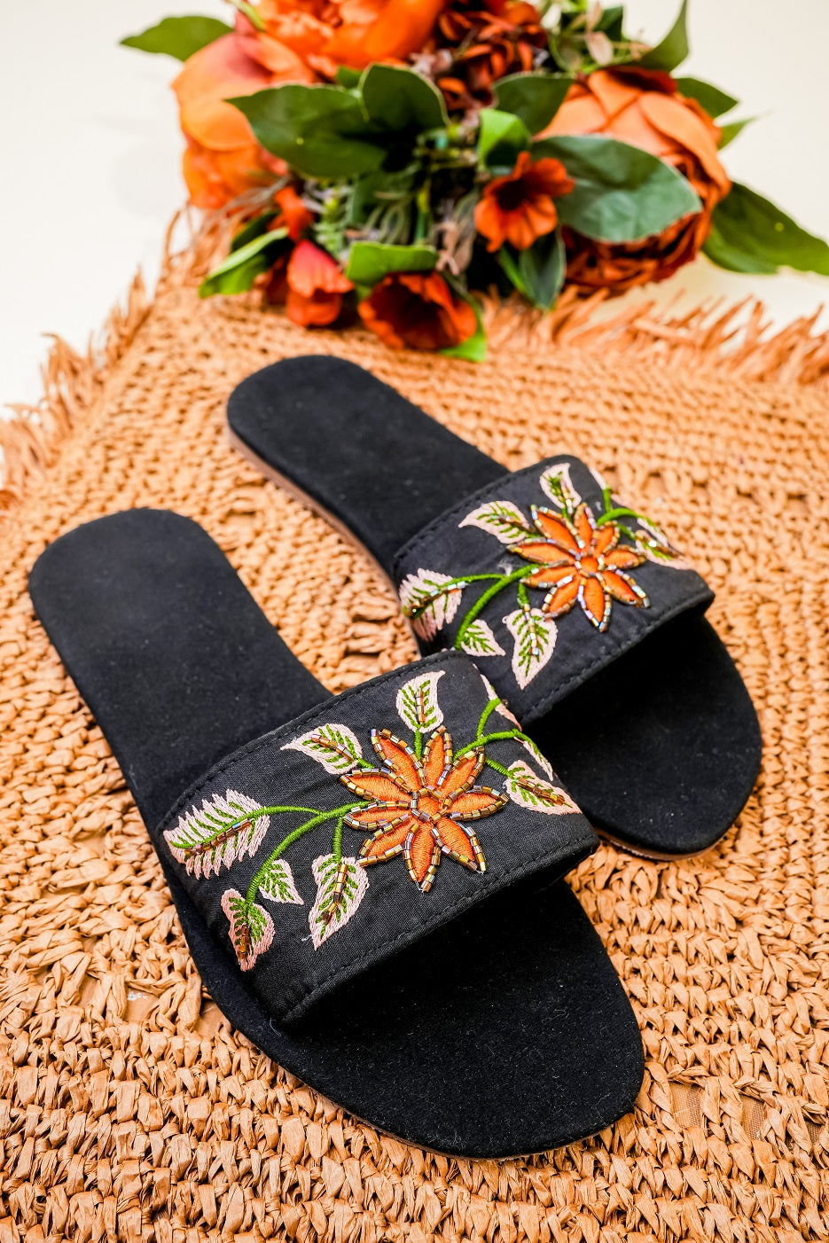 Black Embellished Open Toe Flats