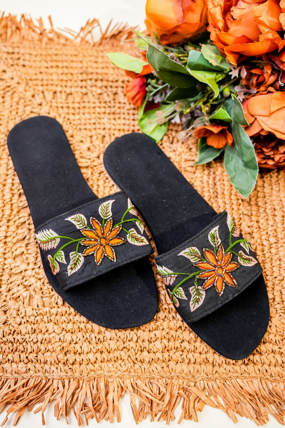 Black Embellished Open Toe Flats