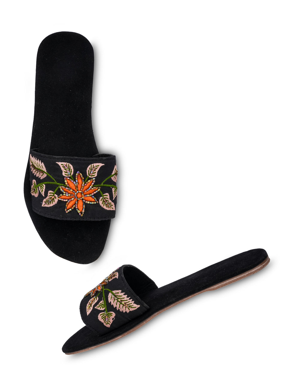 Black Embellished Open Toe Flats