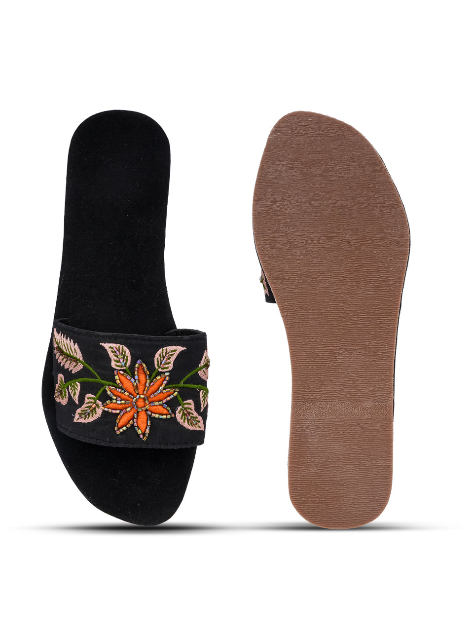 Black Embellished Open Toe Flats
