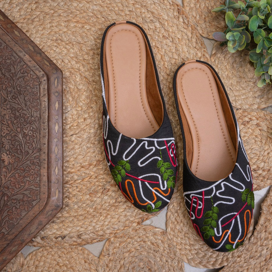 Embroidered Canvas Mules