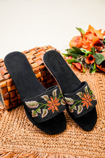 Black Embellished Open Toe Flats