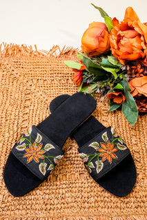 Black Embellished Open Toe Flats
